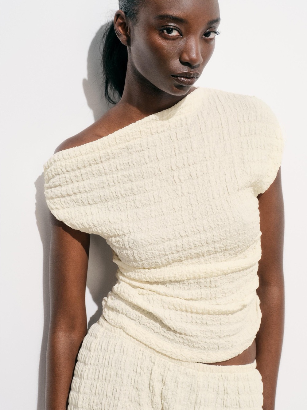 Off-the-Shoulder Cream Textured Knit Top